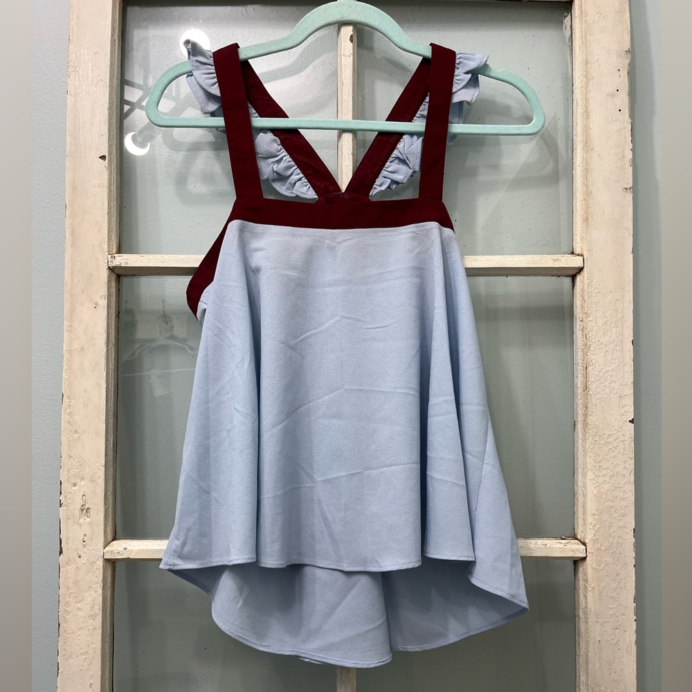 INA (M) flowing tank top, baby blue & maroon colors with ruffled sleeves !
